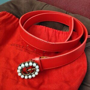 ❤️GUCCI GG Pearl Marmont Buckle and Red Leather Belt Sz 40 +Dustbag